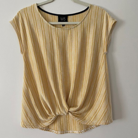 Anthropologie W5 Concepts Twist Front Top Short Sleeve S Yellow Knit Print - Picture 1 of 7